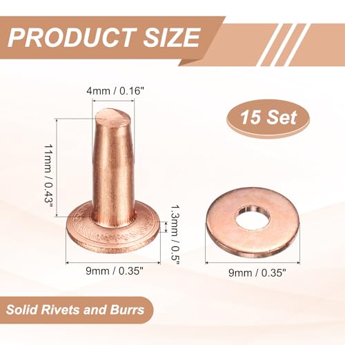 HARFINGTON 15Set Copper Rivets and Burrs Washers 9x4x11mm Dimpled Finish Solid Leather Rivet Fastener Studs Posts for Leather DIY Craft Belts Wallets Collars, Copper Tone - color: Copper Tone, size: 9x4x11mm