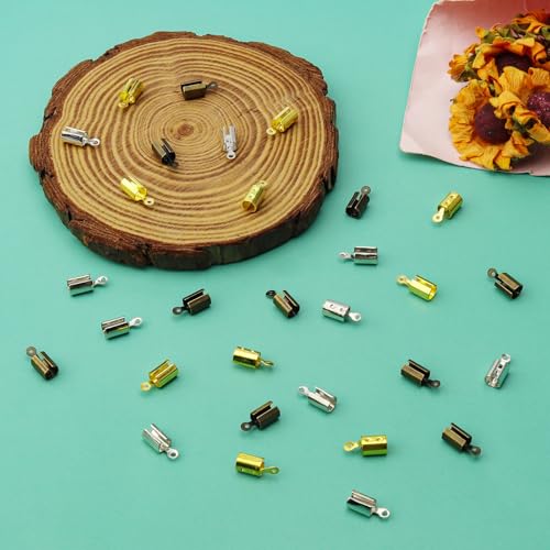 240 Pieces Fold Crimp Ends Fold Over Crimp Caps Stainless Steel Crimps Ends Ribbon End Clasp Tips Jewelry Connector for Jewelry Making/Necklace Cord/DIY Crafts(3 Colors) - color: gold, white k, ancient cyan