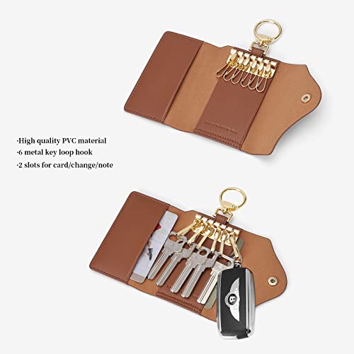 GOLF SUPAGS Women PVC Leather Car Key Chain Card Holder Wallet Pouch 6 Hook Snap Closure keys Money Organizer Case | Card Holder - color: Brown×White, style-2