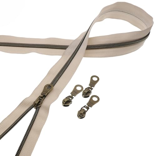 #5 Brass Zipper Bulk 5 Yards Beige Zipper Tape 10pcs Brass Pulls Slider - color: Beige-brass