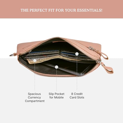 Leather Wristlet Wallet for Women Clutch Handbag Purse with Cell Phone Slot | Genuine Top Grain Leather, 8 Credit Card Slots, Detachable Strap, YKK Zipper, Gifts for Women - color: Baby Pink Nappa