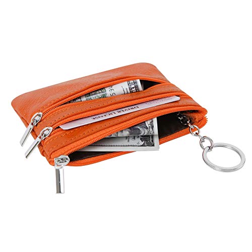 Women Genuine Leather Coin Purse Small Keychain Change Wallet - color: Orange