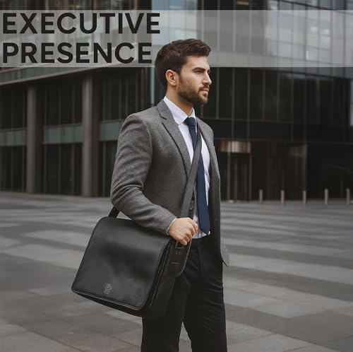 Leather Messenger Bag for Men - 16 Inch Full Grain Vintage Laptop Satchel | Crossbody Office Bag Fits 16" Laptop, Quick Access Pockets, Adjustable Shoulder Strap, Magnetic Closure, Travel Trolley Strap - color: Black