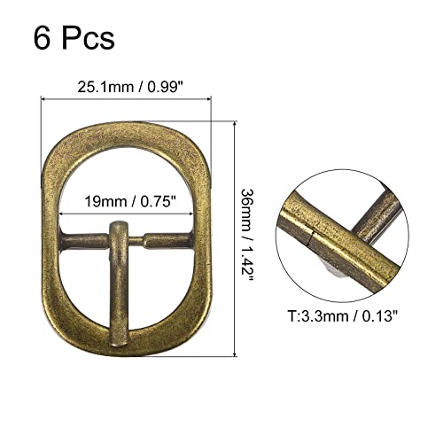 Metal Roller Buckle, 6Pcs 3/4 Inch Single Prong Belt Buckle Oval Center Bar Buckles for Leather Craft Accessories, Brass