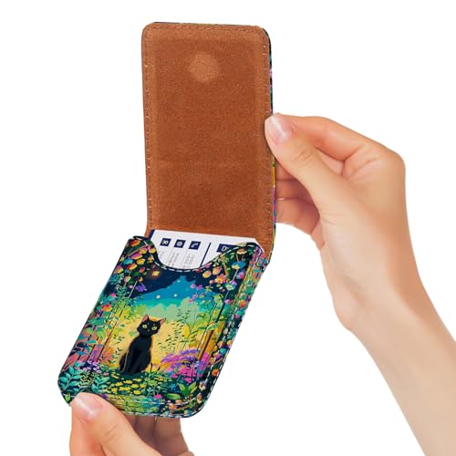 Business Card Holder, PU Leather Printing Business Card Case Pocket with Magnetic Shut, Portable Business Card Carrier Holder for Women or Men (Flower-Cat) - color: Flower-Cat