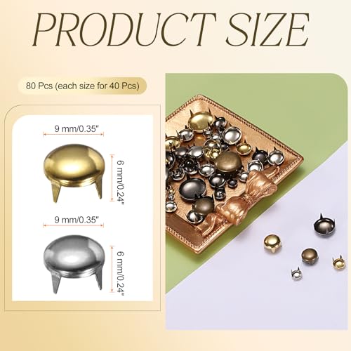 HARFINGTON 80pcs Round Dome Rivets 9mm Copper 4 Claw Rivet Metal Spike Studs Spots Punk Rock for Leather Craft Clothes Belt Bag Shoes Bracelet Accessories, Silver/Gold - color: Silver/Gold, size: 9mm