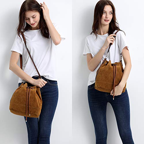 AFKOMST Suede Bucket Bag for Women Medium Slouchy Shoulder Purse | Faux suede; 2 detachable straps for shoulder or crossbody carrying;fit tablets, A5, long wallet; - color: Brown