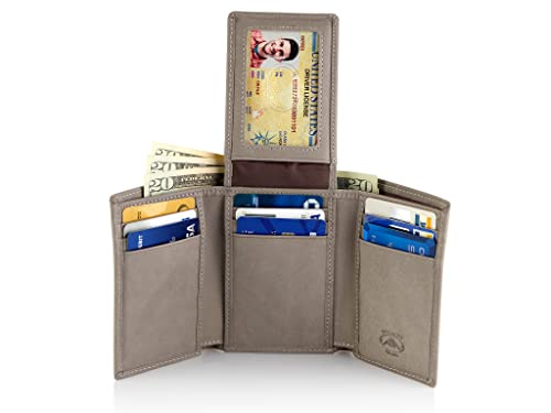 Stealth Mode Trifold Wallet - RFID Blocking Wallet with Flip ID Holder - Leather Case for Money, Credit Cards - Mens Organizer, Divided Billfold, Identity Protection - Men's Gifts (Grey) - color: Grey