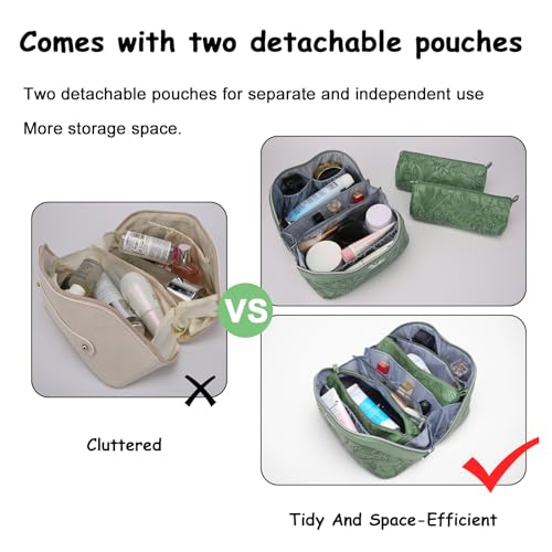 BOYATU Travel Makeup Bags Cosmetic Organizer Bag: 3-Set Make up Bag | Large Capacity PU Leather Toiletry Bags for Women - Wide Open Portable Pouch with Divider & Handle(03-Green-2) - color: 03-Green-2