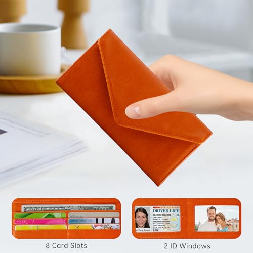 RFID Slim Wallet for Women Thin Card Holder Travel Trifold Clutch Ladies Long Billfold, 2 ID Windows, Orange - color: Orange