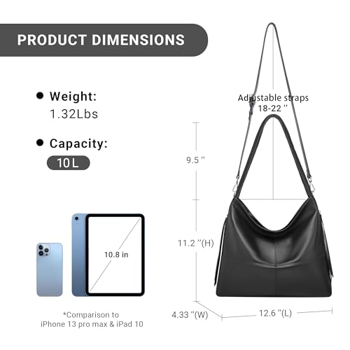 Genuine Leather Hobo Bags for Women Crossbody Purses Work Tote Bag Designer Shoulder Handbags with 2 Straps - color: Black