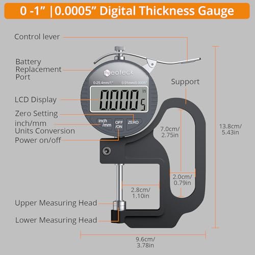 Neoteck Digital Thickness Gauge 1inch/25.4mm,0.0005inch/0.01mm Accuracy - color: Silver-grey, size: 0-1"/0.0005"