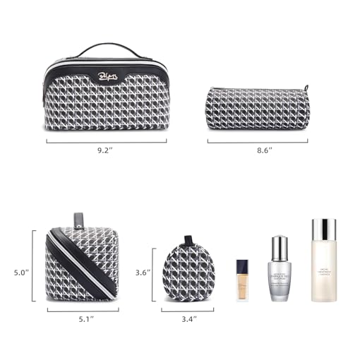 BOYATU Travel Makeup Bag Cosmetic Bags for Women: 3 Pcs Set Make up Bag | Large Capacity Waterproof Vegan Leather Organizer Bags with Compartments - Lay flat Toiletry with Handle (M-76Black) - color: M-76Black