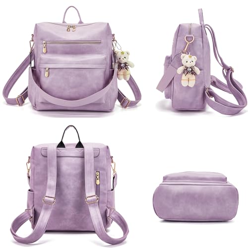 Soperwillton Women Backpack Purse Shoulder Handbags Travel Bag Set 2pcs | Soft PU Leather,Large Capacity,Many Pockets,with a Functional Wallet,with a Detachable Shoulder Strap,Multipurpose Design - color: Lightpurple
