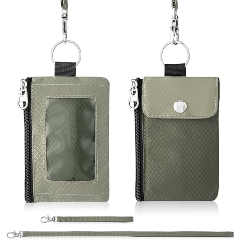 Artpaxy Minimalist Wallet For Mens Womens, Keychain RFID Blocking Zipper Small Wallet with ID Window 2 Lanyards,Water Resistant Travel Cash Card Coin Case Boys Girls - color: Army green+Light gray green