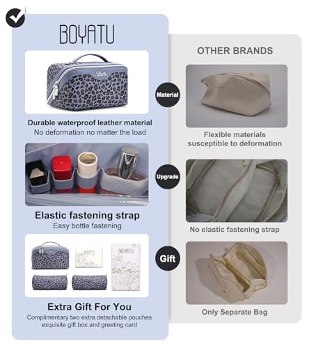 BOYATU Travel Makeup Bags Cosmetic Organizer Bag: 3 Pcs Set Large Capacity Make up Bag with Compartments - Waterproof Leather Toiletry Bags with Handle for Women (B-Light Blue) - color: B-Light Blue