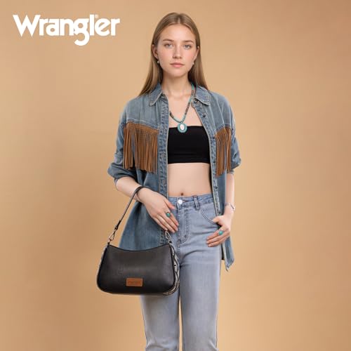 Wrangler Shoulder Bag for Women Western Small Purse Hobo Handbag | Aztec, Underarm Bag, 2 Detachable Straps, Secure Zipper Closure, Back Pocket, Crossbody Bag for dates, travel and everyday - color: Black