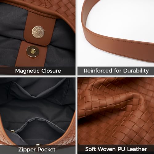 Woven Textured Vegan Leather Hobo Tote Bag Large Slouchy Purse for Women | Trendy work handbag with magnetic closure and interior pockets. Chic aesthetic satchel ideal to carry daily travel essentials - color: Brown