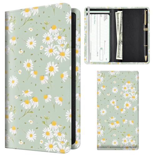 Checkbook Cover for Personal Checkbook, Cute Pu Leather Check Book for Women & Men, Slim Checkbook Holder with Pen Holder and Built-in Clear Plastic Divider, Green Daisy - color: Green Daisy