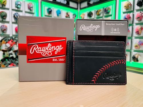 Rawlings | Men's Front Pocket Wallet Collection | Genuine Leather | Multiple Styles & Colors - color: Black | Cash Pocket | Baseball Stitch