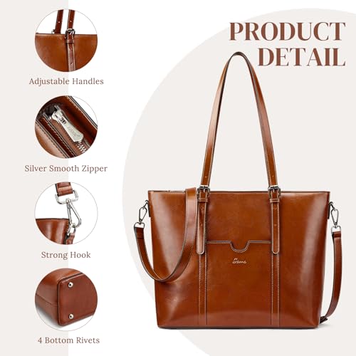 S-ZONE Women Genuine Leather Laptop Tote Bag Shoulder Handbags 15.6 Inch Purse | Soft Genuine Leather, Large Capacity, Fits 15.6-Inch Laptop, Business or Travel, Bottom Metal Feet - color: Dark Brown