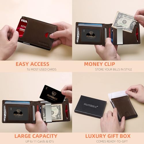 RUNBOX Slim Wallet for Men - RFID Blocking Leather Bifold with Money Clip | Minimalist Front Pocket Wallet Holds 11 Cards,Slim Thin Design,RFID Blocking Protection, Practical Birthday Gifts for Men - color: Chocolate
