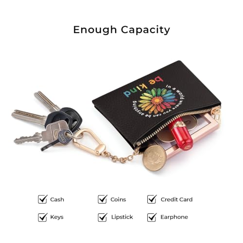Flower Be Kind Keychain Coin Purse for Women, Small Change Pouch | Cute Key Chain Purse, Little Mini Zipper Pocket, PU Leather, Travel Wallet for Girls, Coin Cash Holder, Key Ring, Women Gifts - color: Be kind