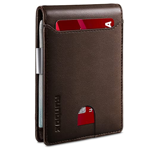 RUNBOX Slim Wallet for Men - RFID Blocking Leather Bifold with Money Clip | Minimalist Front Pocket Wallet Holds 11 Cards,Slim Thin Design,RFID Blocking Protection, Practical Birthday Gifts for Men - color: Chocolate