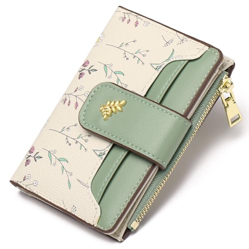 GAEKEAO Wallet Women Small RFID Vegen Leather Card Holder for Women | Compact leather wallet, credit card holder, RFID protection, ID window, coin pocket, lightweight travel purse - color: Green