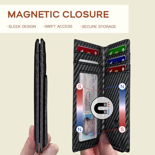 Zitahli Mens Slim Wallet - RFID Blocking Leather Bifold with Magnetic Closure, 12+ Card Capacity ID Window | Money Clip Gifts for Him - color: Carbon Black