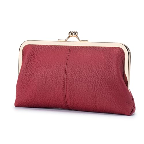 Leather Wallet for Women with Kiss Lock Closure, Multiple Card Slots, Smartphone Holder, (Wine Red) - color: Wine Red