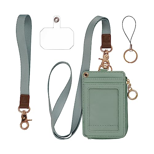 MONDO DESIGNS 2-in-1 Lanyard Wallet with ID Badge Holder - Small Keychain Wristlet Wallet for Women with Zipper Card Pocket and Phone Lanyard, Wrist Strap Office Teacher - Sage Green - color: Green