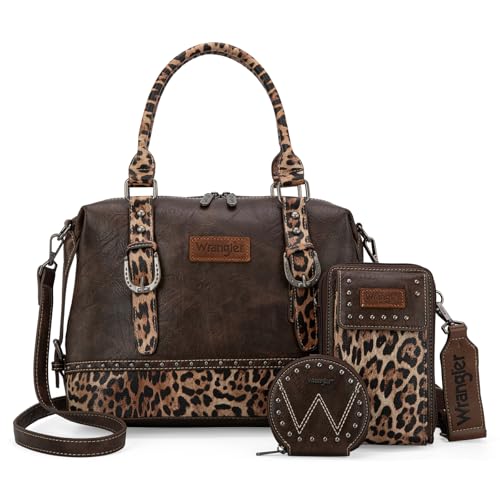 Wrangler 3Pcs Doctor Bag Sets for Women Top-handle Satchel Bag with Cell Phone Handbag and Coin Purse - color: Coffee Leopard
