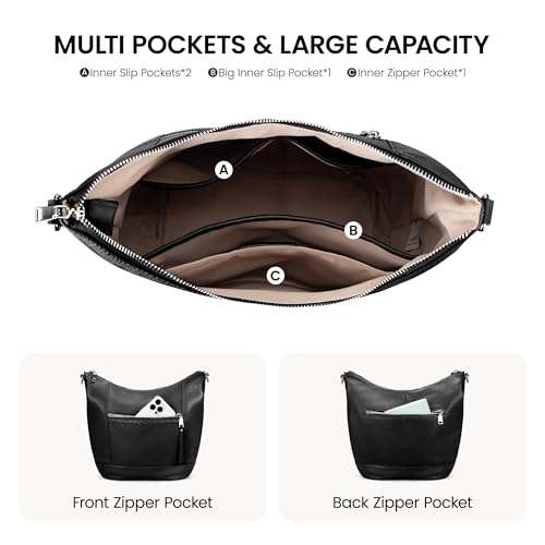 befen Genuine Leather Crossbody Hobo Purse for Women Soft Lightweight Leather Handbags with 2 Removable Straps - color: Black