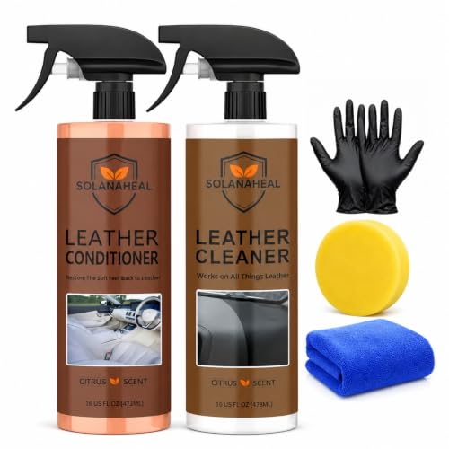 2-in-1 Leather Cleaner & Conditioner Kit, 2 Pack Leather Care Set with Sponge, Towel & Gloves, Citrus Scent for Car Seats, Sofa, Shoes & Bags, Finished Leather