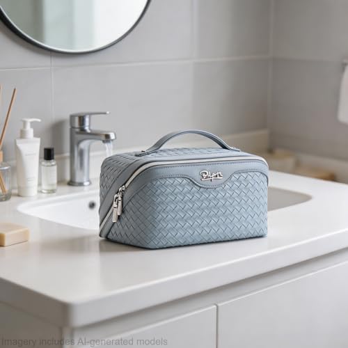 BOYATU Travel Makeup Bag Cosmetic Bags for Women: 3 Pcs Set Make up Bag | Large Capacity Waterproof Vegan Leather Organizer Bags with Compartments - Lay flat Toiletry with Handle (L04 Light Blue) - color: L04 Light Blue