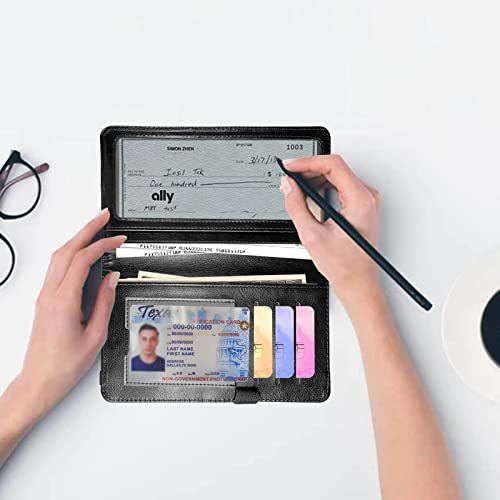 Check Book Cover for Personal Checkbook, Leather Business Checkbooks Plastic Insert Flap Card Holder Pen Hoop Holder with RFID Blocking Slim Wallet for Women Men, Black White Line - color: Black White Line