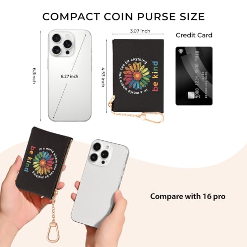 Flower Be Kind Keychain Coin Purse for Women, Small Change Pouch | Cute Key Chain Purse, Little Mini Zipper Pocket, PU Leather, Travel Wallet for Girls, Coin Cash Holder, Key Ring, Women Gifts - color: Be kind