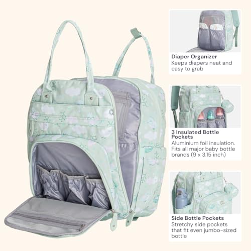 BabbleRoo Diaper Bag Backpack - Baby Essentials Travel Tote - Multi Function Water Resistant Diaper Bag, Travel Essentials Baby Bag with Changing Pad, Stroller Straps & Pacifier Case - Green Birdy - color: Green Birdy, size: Large