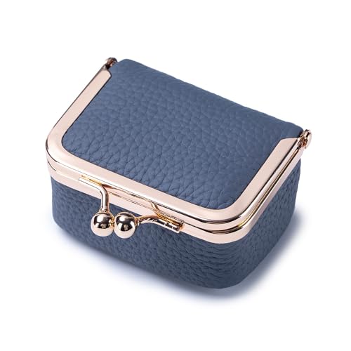 Genuine Leather Mini Jewelry Box & Coin Purse for Women, Travel Jewelry Case with Kiss Lock, Holds Earrings, Rings, Necklace, Bracelet, Coins (Blue-L 2.95in) - color: Blue - 2.95in