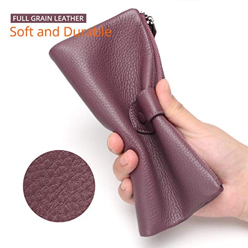Bveyzi Women Soft Leather RFID Blocking Bifold Slim Wallets Ladies Credit Card Holder Double Zipper Pocket - color: Deep Plum