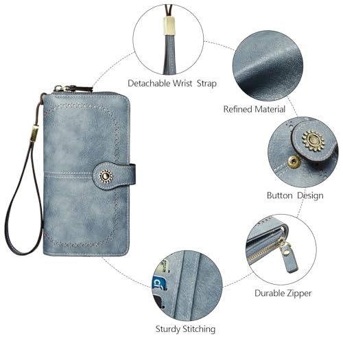TFKGS Wallet for Women RFID Blocking Leather Large Capacity Card Holder Ladies Phone Clutch Travel Long Purse Wristlet | RFID Blocking - color: 1-Blue