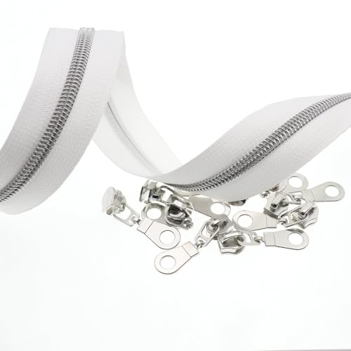 #5 Silver Metallic Nylon Coil Zipper 5 Yards White Tape 10pcs Silver Slider - color: White-silver