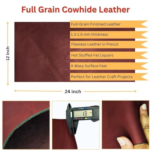 Genuine Leather Hide | 1.3-1.5 mm Thick | Full Grain Leather Sheet & Pieces for LeatherCrafting and Leatherworking Projects by Kozmo (Maroon, 12"X24") - color: Maroon, size: 12"X24"