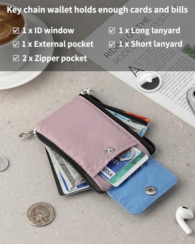 Artpaxy Minimalist Wallet For Mens Womens, Keychain RFID Blocking Zipper Small Wallet with ID Window 2 Lanyards,Water Resistant Travel Cash Card Coin Case Boys Girls - color: Light pink purple+Light blue