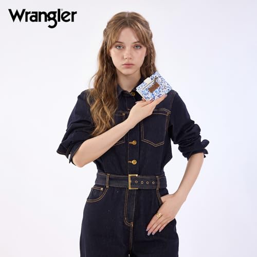 Montana West X Wrangler Small Women's Wallet Slim Simple Girls Wallet RFID Credit Card Holder Minimalist Zipper Coin Pocket - color: Indigo Watercolor Petal