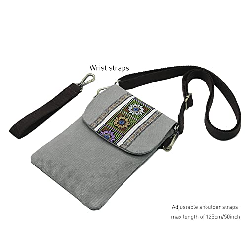SILKAREA Vintage Embroidered Canvas Flip Small Crossbody Bag Cell Phone Pouch for Women Wristlet Wallet Bag Coin Purse - color: Light Grey