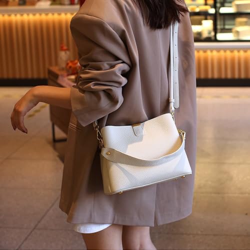 Leather Bucket Bag for Women, Soft Crossbody Top-handle Purse | Small Tote Handbag with 3 Style Detachable Straps, Spacious Daily Handbag for Work Outing Daily Use - color: White