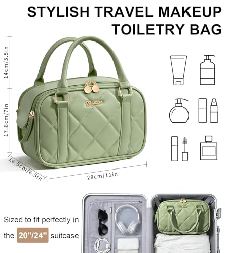 Bagstellar Travel Makeup Bag, Large Capacity Quilted Toiletry Bag for Women Stand-up Cosmetic Bag Open Flat Make Up Case Organizer Portable Pouch Purse w/Handle for Traveling Accessories, Sage Green - color: Sage Green