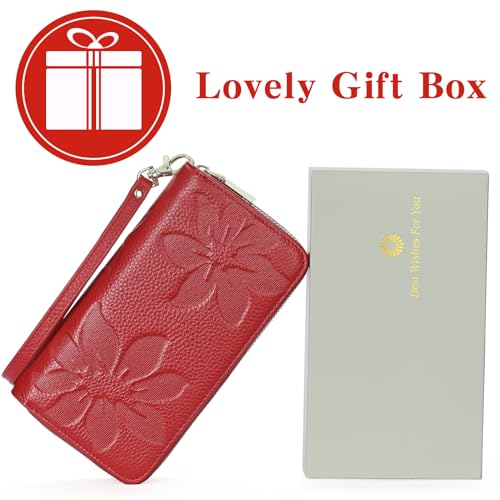 GOIACII Women's Wallet RFID Blocking Leather Wristlet | 2 Zip Around, Large Capacity, Credit Card Holder, Ladies Phone Clutch Purse - color: A05 Red